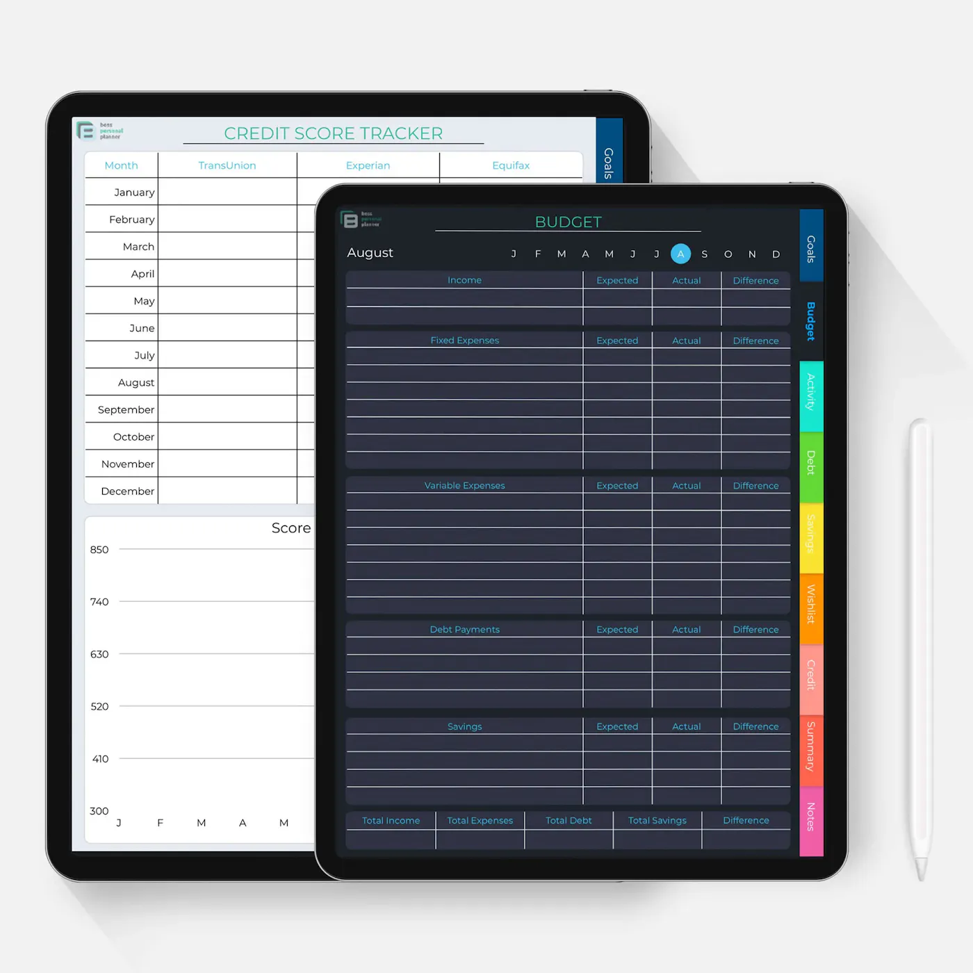 Digital planner budget template, monthly budget and credit score template