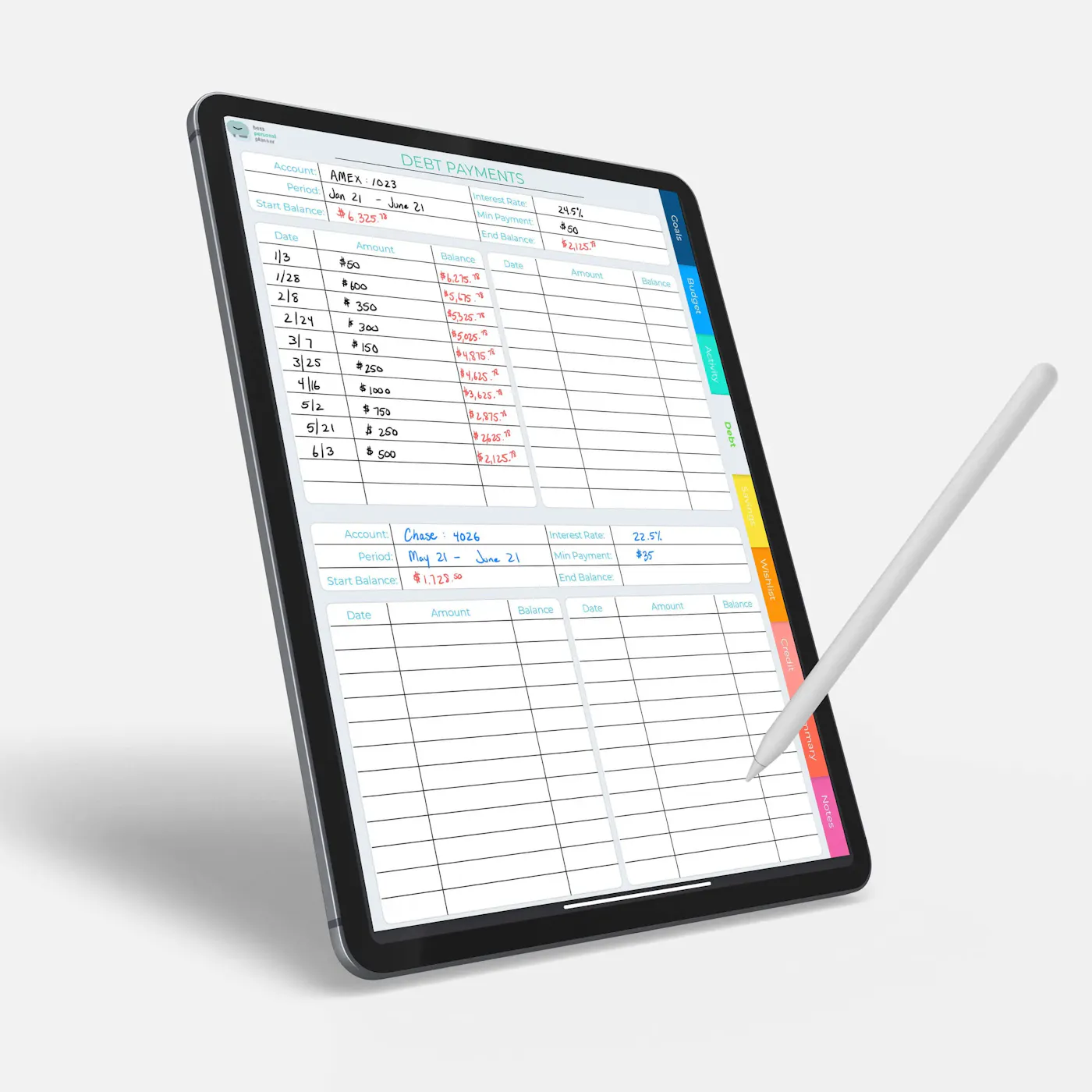 Debt payment tracker for digital budget planner