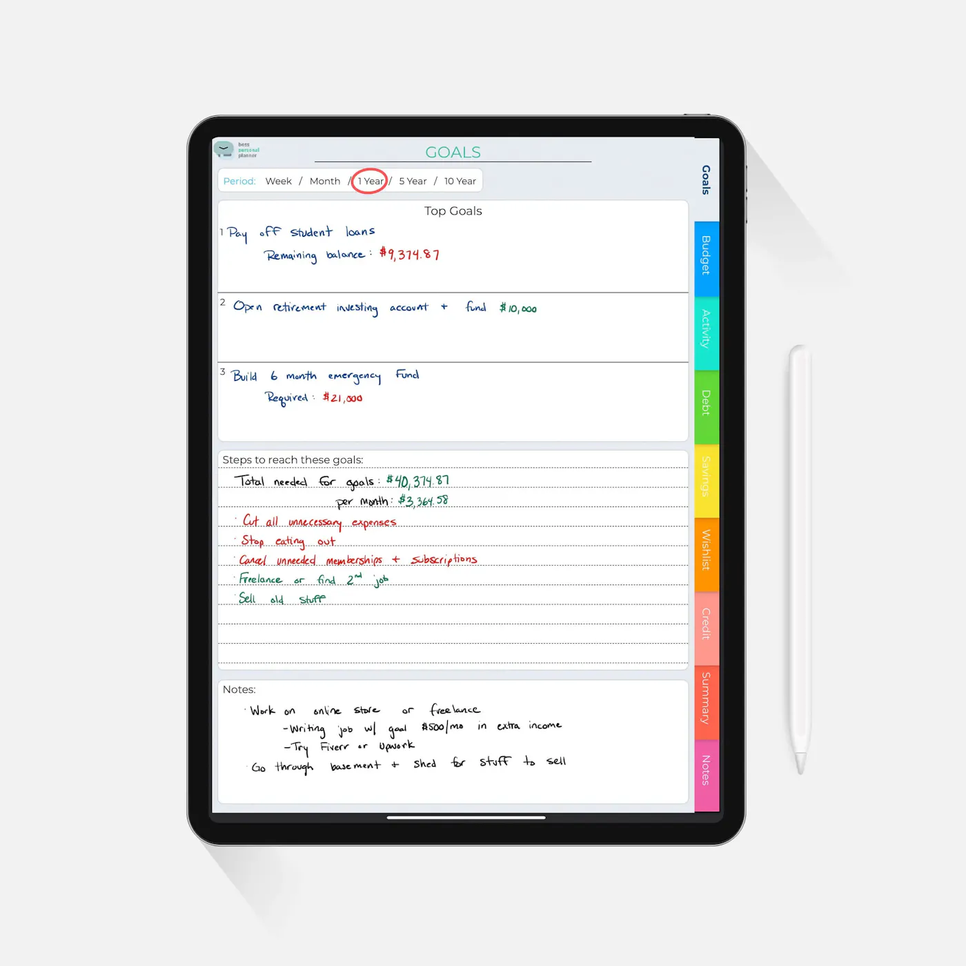 Digital budget planner goal setting template