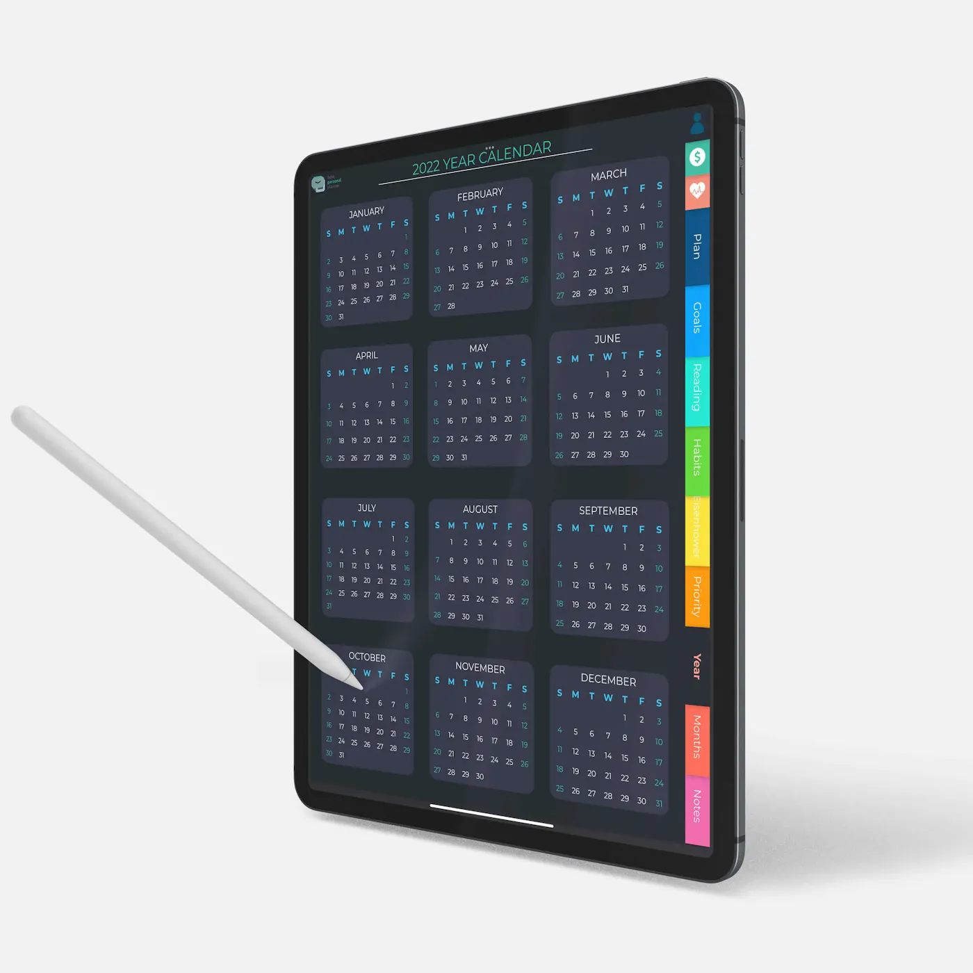 Digital Life Planner 2022 yearly calendar dark